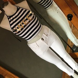 NWT Nautical Stripe SWEET Graphic Halter Top Navy White S